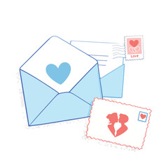 Romantic love letters with heart shaped stamps exchanging affection