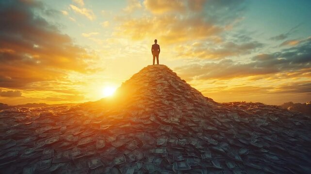 Gigantic pile of money in the shape of a mountain with a man on top	
