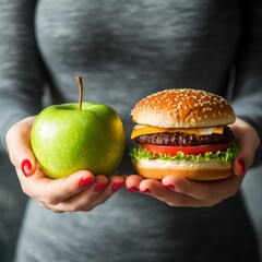 Woman's Hands Holding Apple and Cheeseburger, Healthy versus Unhealthy Food Choice