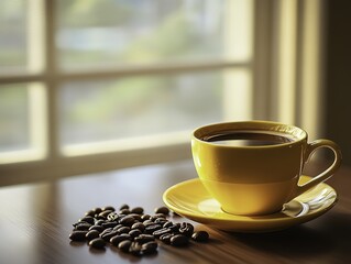 A vibrant yellow coffee cup with saucer placed on a wooden tabletop