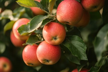 Obraz premium Ripening apples hang amidst lush green leaves, showcasing nature