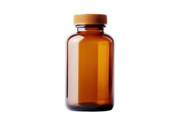 Amber glass medicine bottle with orange cap on white background, cut out