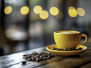 A vibrant yellow coffee cup with saucer placed on a wooden tabletop