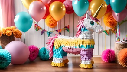 festive unicorn pinata and vibrant decorations birthday party