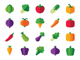 Fototapeta premium Flat Style Vegetables Icons Tomato, Broccoli, Cabbage, Chili, Carrot and More