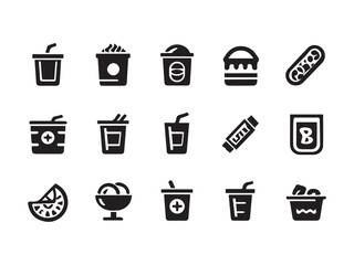 Food and Drinks Icons Set Burger, Soda, Ice Cream, Candy and Lemon on white