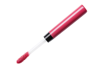 Vibrant pink lip gloss applicator with black cap on white background, cut out