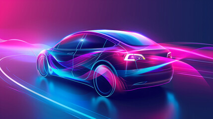 A modern electric car, with flowing, multicolored lines that give it an energetic, forward-moving feel.