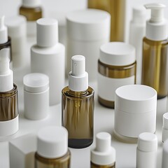 An assortment of white and amber skincare bottles