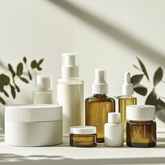 An assortment of white and amber skincare bottles