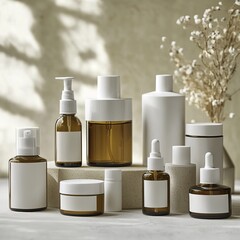 A collection of white and amber skincare bottles