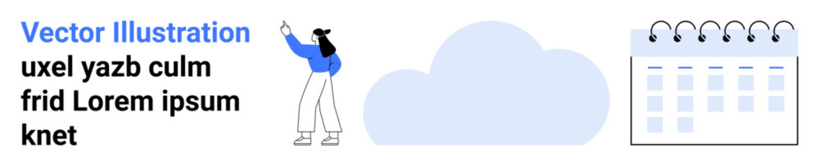 Woman pointing upward near a cloud and spiraled calendar. Ideal for scheduling, organization, productivity, planning, task management, time management, simple landing page