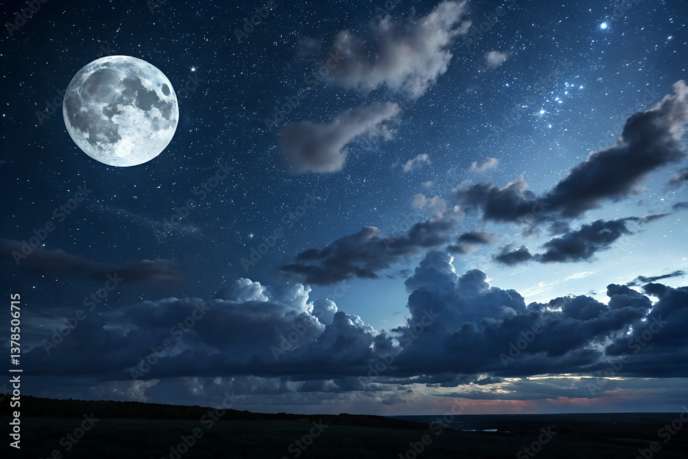 Wall mural serene night sky illuminated with full moon and dark clouds background