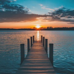 Fototapeta premium Tranquil Sunset Reflection: Serene Dock on a Calm Lake Horizon