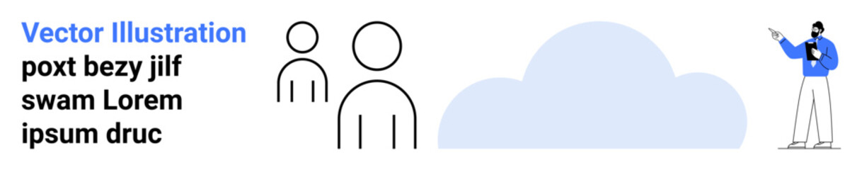 Man pointing during a presentation, two abstract people icons, and a cloud. Ideal for teamwork, collaboration, presentations, digital solutions, brainstorming, cloud computing simple landing page