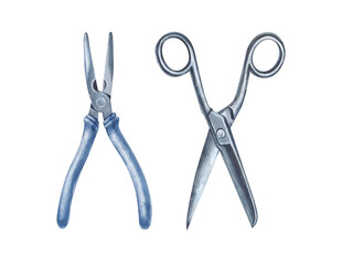 Pliers and iron scissors are hand-drawn on a white background. Working men's tools are isolated. Watercolor illustration. Construction and repair tools for design in the field of construction and