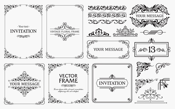 Design elements set, decorative flourish border corner and frame collection for invitation, menu and page decoration