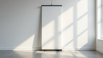 Fototapeta premium Vertical banner mockup. Vertical roll up banner mockup standing against white wall with window shadows.