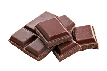 Rich dark chocolate chunks on black background, cut out