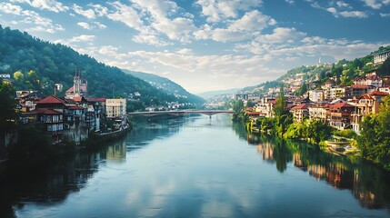 Fototapeta premium Picturesque riverside town nestled in a valley, surrounded by lush green hills, with a bridge spanning the tranquil waterway
