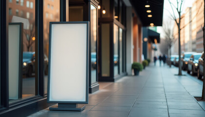 Vertical banner mockup. Vertical banner mockup standing outside modern cafe at sunset