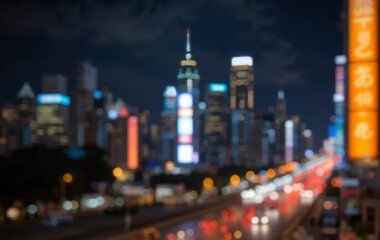 Fototapeta premium A city skyline at night with bokeh lights in the foreground