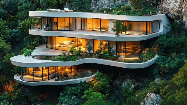 Modern, cliffside home nestled in lush greenery.  Spacious, curved architecture with natural lighting