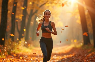 Young woman runs forest during autumn season. Fall leaves in air, sunlight beams. Active runner smiling, enjoying outdoor fitness in nature. Healthy lifestyle, happy emotions, joyful sport activity.