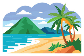 Obraz premium Cartoon Beach with Palm Trees, Sand, Ocean, Mountains and Cloudy Sky