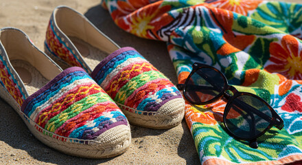 Colorful espadrilles and beach accessories