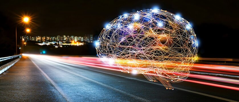 Neon brain visualization driving at night urban road digital art vibrant environment perspective innovation