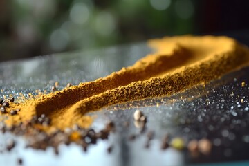 Artistic shot of a spice trail made from a custom blend of garam masala spices, elegantly spread on a glass surface.