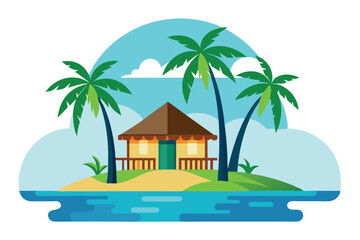Cartoon Island Getaway with Palm Trees, Sandy Beach, and Beach Hut