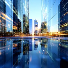 Obraz premium Urban sunset reflections modern cityscape photography evening aesthetic view serenity