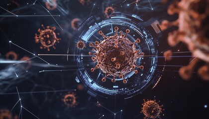 Abstract representation of red and blue virus cells forming a circle in the center