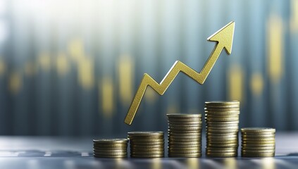 Golden upward arrow surrounded by stacked coins against a glowing financial graph background