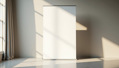 Fototapeta premium Vertical banner mockup. Vertical banner mockup in front of beige curtains with sunlight streaming in.