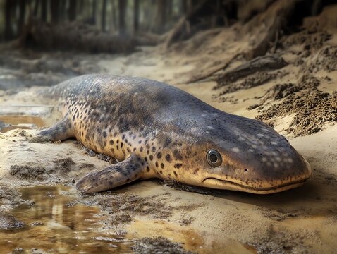 Exploring Permian Amphibian Koolasuchus on Sandy Shore Near Water