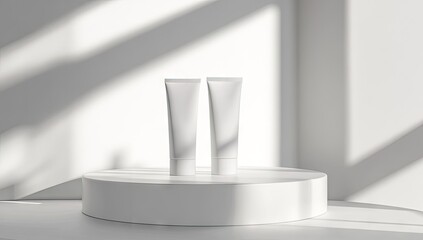Two blank white cosmetic tubes on a white pedestal