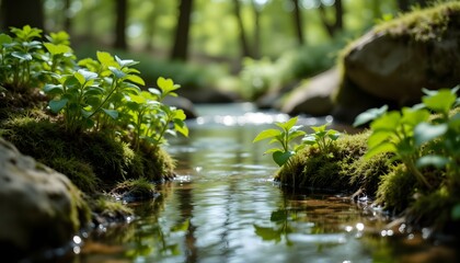 Fototapeta premium A close up image of a crystal clear stream flowing gently through a lush green forest, with small vibrant plants emerging from the water and moss covered rocks lining the streambed