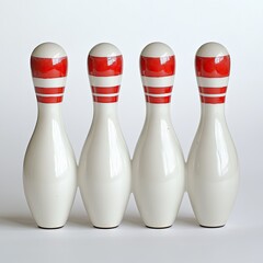 Four bowling pins, white with red stripes