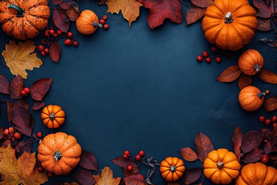 Autumnal Thanksgiving border with pumpkins, leaves, and berries.  A festive fall arrangement in rich jewel tones