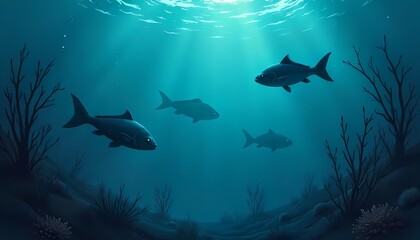 Naklejka premium Subaquatic Reverie: Dive into the ocean's heart, where four fish navigate the deep blue, their silhouettes dancing against the ethereal backdrop of sunlit water.