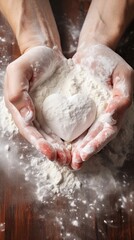 Fototapeta premium Hands creating heart shapes with flour while baking kitchen ingredient freshness.