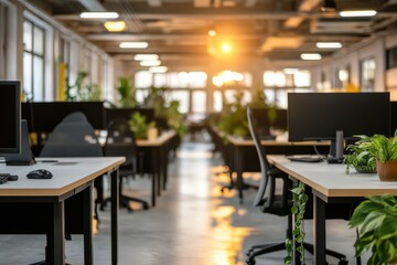 Blurred office interior, business concept. AI generated illustration.