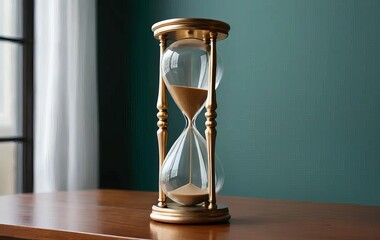 A close-up of an hourglass on a wooden table