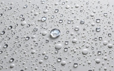 A close-up view of water droplets on a smooth surface, showcasing various sizes and reflections