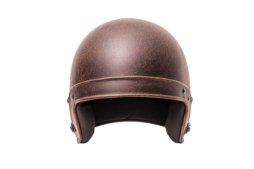 Vintage brown leather motorcycle helmet front view, cut out