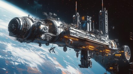 Spaceship docks at a distant planet with glowing lights amid dark space in a futuristic setting