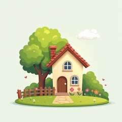 Naklejka premium Cartoon house illustration with green trees, colorful flowers, grass. Summer landscape. Sunny day. Wooden door, windows. Visual style image suitable for design. Home sweet home concept.
